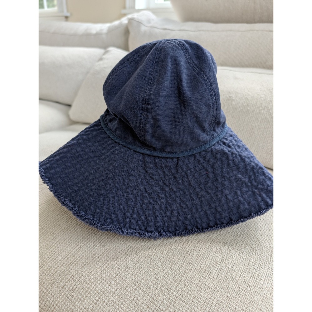 Vintage Gap Blue Textured Wide Brim Sun Hat Raw Hem Red Striped Lining Women M/L
